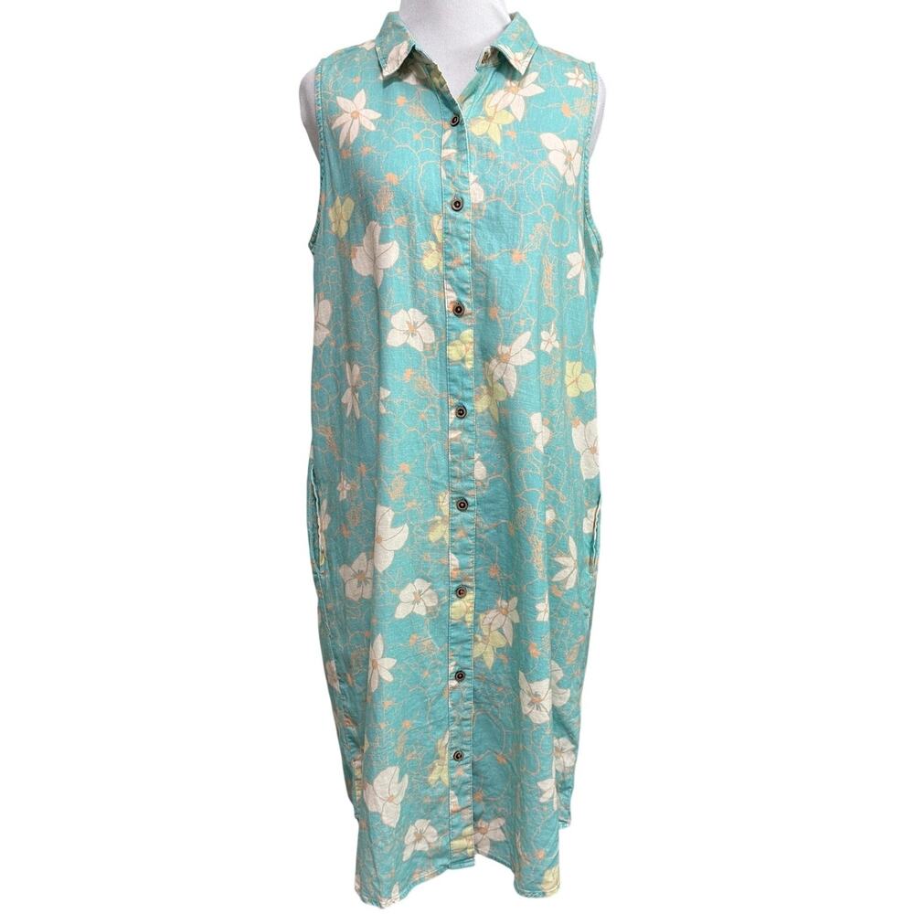 Paradise Now Collared Button Down Dress L Teal Hawaiian Floral Linen Cotton